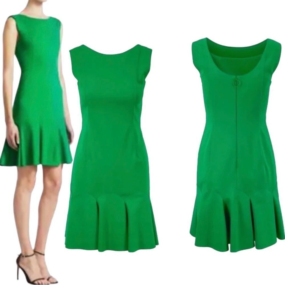 Green Flare Dress Holiday AKRIS Punto Italian Designer Flounce Hem 10 NWOT